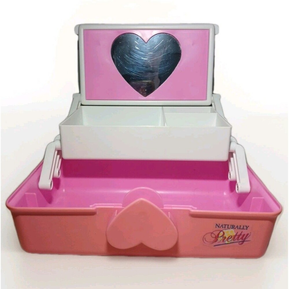Vintage Naturally Pretty Teal And Pink Heart Handle Makeup Case Caboodles